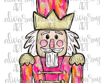 May include: A pink and orange watercolor nutcracker with a gold crown and glitter accents. The nutcracker has a white beard and mustache, and a black and white striped hat.