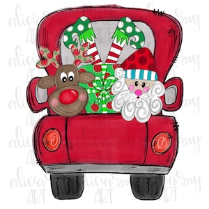 Christmas Sublimation Design | Hand Drawn | PNG Digital Download | Christmas Truck | Back of Truck | Santa | Elf | Present | Reindeer