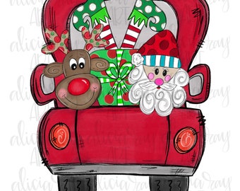 Christmas Sublimation Design | Hand Drawn | PNG Digital Download | Christmas Truck | Back of Truck | Santa | Elf | Present | Reindeer