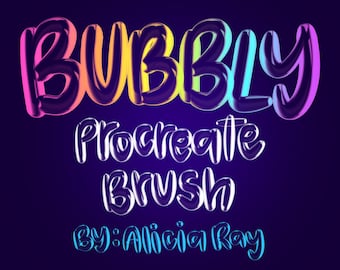May include: A colorful, bubbly font design for Procreate, called "Bubbly Procreate Brush" by Alicia Ray.