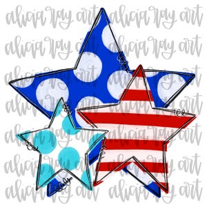 May include: Three stars in a layered design. The top star is blue with white polka dots, the middle star is red and white striped, and the bottom star is white with turquoise polka dots.