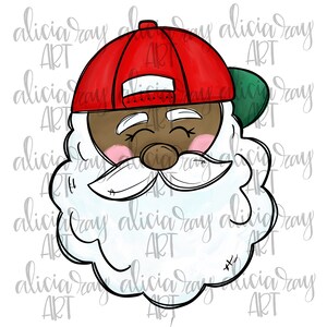 May include: A cartoon illustration of a Santa Claus with a black face, white beard, and a red baseball cap with a green brim. The Santa Claus is smiling with his eyes closed.
