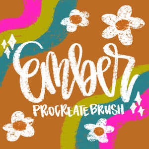 May include: A digital illustration of the word "ember" in white text with a textured, chalk-like effect. The background is a brown color with colorful, wavy lines and white flowers with orange centers.