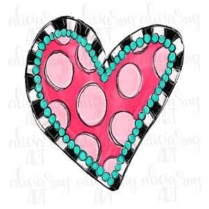 May include: A pink heart with white polka dots and a turquoise and black border. The heart is painted in a watercolor style.