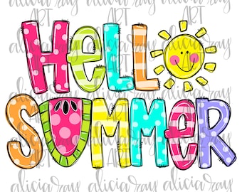 May include: Colorful graphic design with the text "HELLO SUMMER" in a playful font. The letters are decorated with stripes and polka dots. A smiling sun with a yellow face is above the text. A watermelon slice is incorporated into the word "SUMMER".