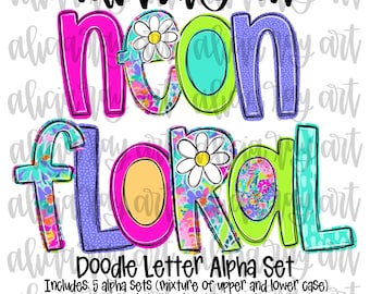 Preppy Bright Neon Floral Hand Drawn Doodle Letter Alpha Set Digital Download | A-Z doodle letters | Mother's Day Alpha Pack