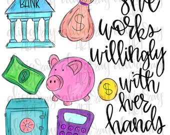 Bank Teller Sublimation PNG Design | Bank Art | Money | Proverbs 31:13 | Hand Drawn Digital Download | Printable Artwork | Digital Art |