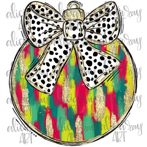 May include: A colorful Christmas ornament with a white and black polka dot bow. The ornament is decorated with red, green, yellow, and gold paint and glitter.