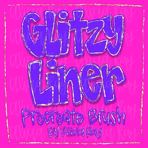 May include: Glitzy Liner Procreate Brush by Alicia Ray. A digital brush for use in the Procreate app, featuring a glitzy, sparkly, purple and gold design.