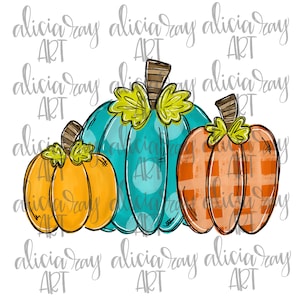 May include: Three cartoon pumpkins in a row. The pumpkin on the left is orange, the middle pumpkin is teal with white polka dots, and the pumpkin on the right is orange with a plaid pattern. Each pumpkin has a brown stem and green leaves.