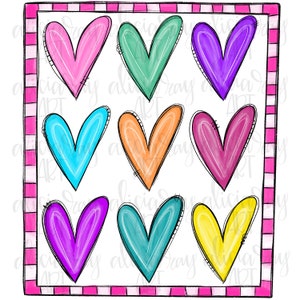 Valentine Sublimation PNG Design | Heart | Hand Drawn | Digital Download | Printable Art | Valentine&#39;s Day | Colorful doodle hearts