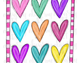 Valentine Sublimation PNG Design | Hart | Handgetekende | Digitale download | Afdrukbare art | Valentijnsdag | Kleurrijke doodle harten