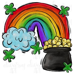 May include: A rainbow with a pot of gold at the end. The rainbow is made of red, orange, yellow, green, blue, indigo, and violet. The pot of gold is black with gold coins inside. There are green shamrocks scattered around the image.