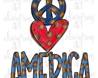 May include: A blue peace sign, a red heart, and the word "AMERICA" in blue letters, all with a brown leopard print pattern.