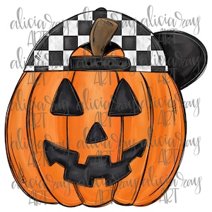 May include: A hand-painted orange pumpkin with a black jack-o'-lantern face wearing a black and white checkered baseball cap.