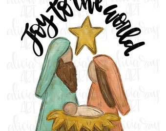 May include: A watercolor painting of the nativity scene with a star above the manger. The text "Joy to the World" is written in a black cursive font around the star. The painting is on a white background.