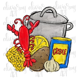 May include: A watercolour illustration of a pot, lobster, corn, lemon, potato, garlic, and a can of Creole seasoning. The illustration is in a cartoon style.