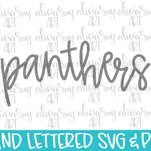 Puede incluir: La palabra "panthers" escrita a mano en gris sobre un fondo blanco. El texto está en un estilo informal, escrito a mano. La imagen está etiquetada como "HAND LETTERED SVG & PNG".