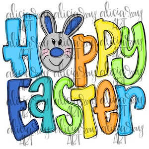 May include: Happy Easter graphic with a cute bunny rabbit and colorful lettering. The words "Happy Easter" are in a bold, outlined font with a rainbow of colors.