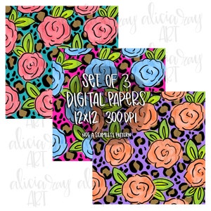 May include: Set of three digital papers featuring a floral pattern with pink, blue, and orange roses on a leopard print background. The papers are 12x12 inches and 300 DPI.  The text "SET OF 3 DIGITAL PAPERS 12x12 300 DPI NOT A SEAMLESS PATTERN" is included in the image.