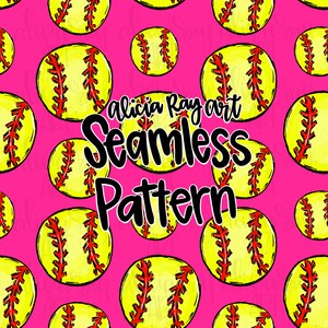 May include: A seamless pattern featuring yellow softball illustrations with red stitching on a bright pink background. The text "alicia Ray art Seamless Pattern" is in black.