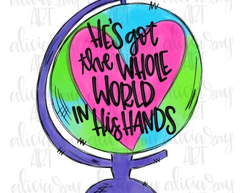 Può includere: Un'illustrazione colorata di un globo terrestre con un cuore rosa al centro. Il testo "HE'S got the WHOLE WORLD IN HIS HANDS" è scritto sul globo.