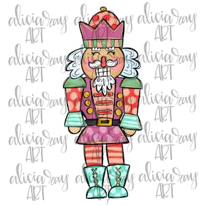 May include: A whimsical nutcracker figurine with a pink and red hat, a green and white jacket, and pink and white polka dot pants. The nutcracker is smiling and has a white beard.