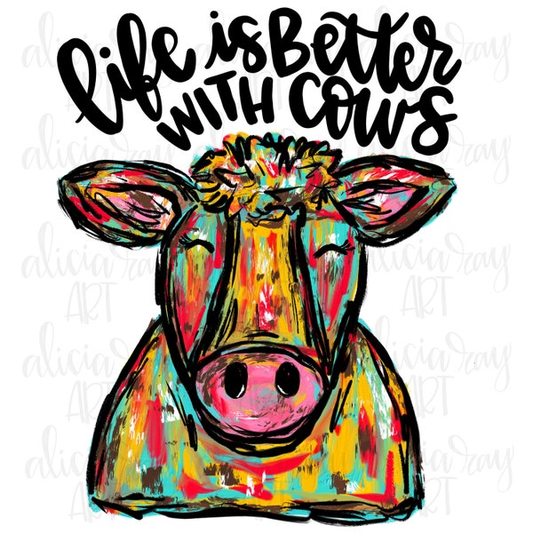 Cow PNG Design Download | Hand Drawn Digital Download | Towel Design | Shirt Design | Cow Lover | Painted Cow | Colorful