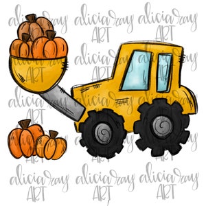 May include: A yellow toy tractor with a scoop full of orange pumpkins. The tractor has black wheels and a blue windshield.