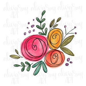 May include: A watercolor painting of a bouquet of flowers. The flowers are pink, orange, and yellow. The flowers are surrounded by green leaves and purple dots.