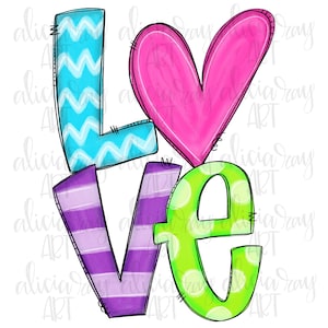 Valentine Sublimation PNG Design | Heart | Hand Drawn | Digital Download | Printable Art | Love Doodle Letters | Colorful Valentine&#39;s Day