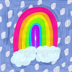 May include: A colorful rainbow illustration with a pink outer band, transitioning through orange, yellow, green, and blue to a purple center. Two fluffy white clouds sit below the rainbow against a blue background with white brushstrokes. The text "Alicia Ray ART" is repeated.