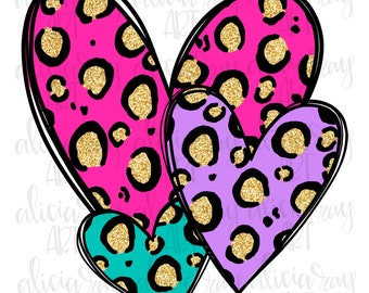 Valentine PNG Design | Handgetekende | Digitale download | Afdrukbare art | Valentijnsdag | Glitter | Harten | Cheetah | Luipaard | Sublimatie