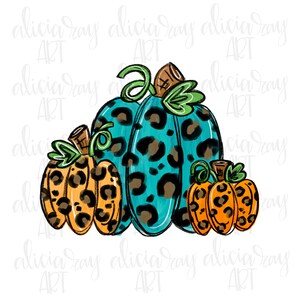 May include: Three pumpkins with a leopard print design. The largest pumpkin is teal blue with brown spots. The two smaller pumpkins are orange with black spots.