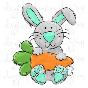 Bunny PNG Sublimation Design | Easter | Hand Drawn Sublimation PNG | Digital Download | Printable Digital Art | Bunny holding carrot