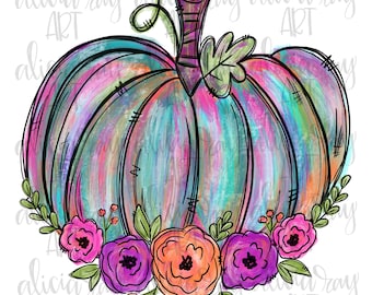 Painted Pumpkin with florals Sublimation PNG Design | Hand Drawn | Watercolor pumpkin | Digital Download | Whimsical pumpkin | Hand painted