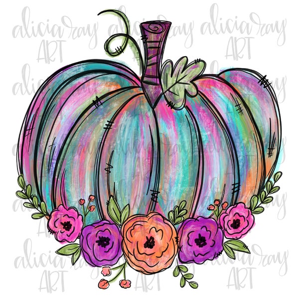 Painted Pumpkin with florals Sublimation PNG Design | Hand Drawn | Watercolor pumpkin | Digital Download | Whimsical pumpkin | Hand painted