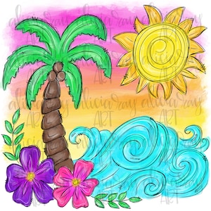 Summer Beach Sublimation PNG Design | Beach Design | Palm Trees Ocean Sunset Digital Download | Printable Art | Digital Art | Beach Sunset