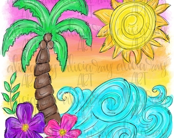 Summer Beach Sublimation PNG Design | Strand Design | Palm Trees Ocean Sunset Digital downloaden | Afdrukbare art | Digitale kunst | Zonsondergang op het strand