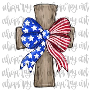 May include: A wooden cross with a red, white, and blue bow. The bow is made of fabric with stars and stripes.