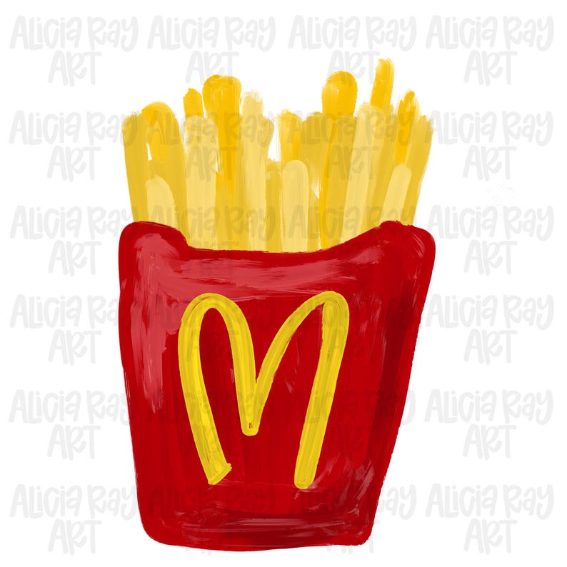 May include: A watercolour illustration of a red fast-food fry container with a yellow "M" logo, filled with golden-yellow french fries. The image has a hand-painted style with the text "Alicia Ray ART" repeated around the image.