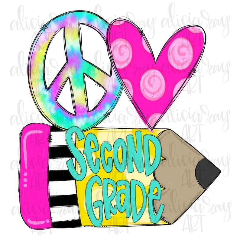 Puede incluir: Un dise&ntilde;o gr&aacute;fico colorido con un signo de paz, un coraz&oacute;n y un l&aacute;piz con las palabras "Second Grade" escritas en &eacute;l. El signo de paz es tie-dye, el coraz&oacute;n es rosa con lunares blancos y el l&aacute;piz es amarillo con rayas blancas y negras.