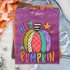 May include: A purple t-shirt featuring a graphic of a pumpkin with multicolored segments in leopard print, polka dots, checkerboard, and star patterns. The text reads HEY PUMPKIN in colorful block letters, accompanied by orange and teal star icons.
