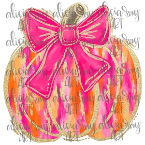 May include: A watercolor pumpkin with a pink bow and gold glitter accents. The pumpkin is painted in shades of orange, pink, and white.