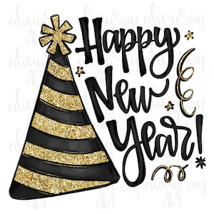 Nieuwjaar Sublimatie Ontwerp | Handgetekende | PNG Digitale Download | Aquarel | Gelukkig Nieuwjaar | Gouden Glitter | Feesthoed
