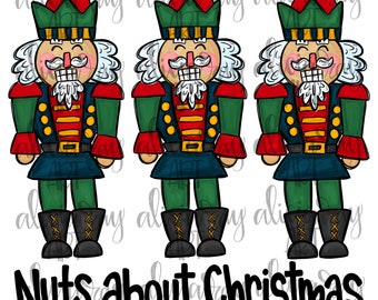 Op de afbeelding: Drie cartoon notenkrakerfiguren in groene, rode en blauwe uniformen met witte baarden en snorren. De tekst "Nuts about Christmas" staat eronder in het zwart. De notenkrakers dragen zwarte laarzen en rode hoeden.