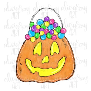 Halloween Trick Or Treat Bucket Sublimation PNG Design | Hand Drawn | Digital Download | Whimsical Jack O Lantern | Girl Design