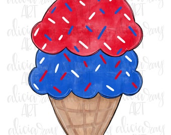 Patriotic Ice Cream PNG Design | Digital Download | Printable Art | Summer Design | Red White Blue | America | Ice Cream Cone | Happy 4th
