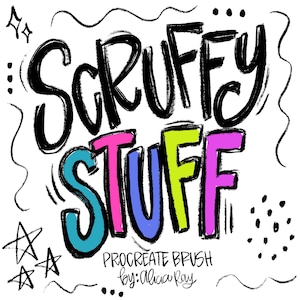 May include: A digital graphic featuring the text SCRUFFY STUFF in large, hand-drawn black and colorful letters. Below, the text reads PROCREATE BRUSH by: Alicia Ray. The design includes black hand-drawn stars, dots, and wavy lines.
