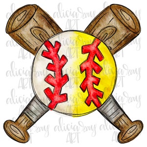 Half Baseball Half Softball PNG Sublimation Design | Hand Drawn Digital Download | Printable Digital Art | Crossed Bats | Watercolor
